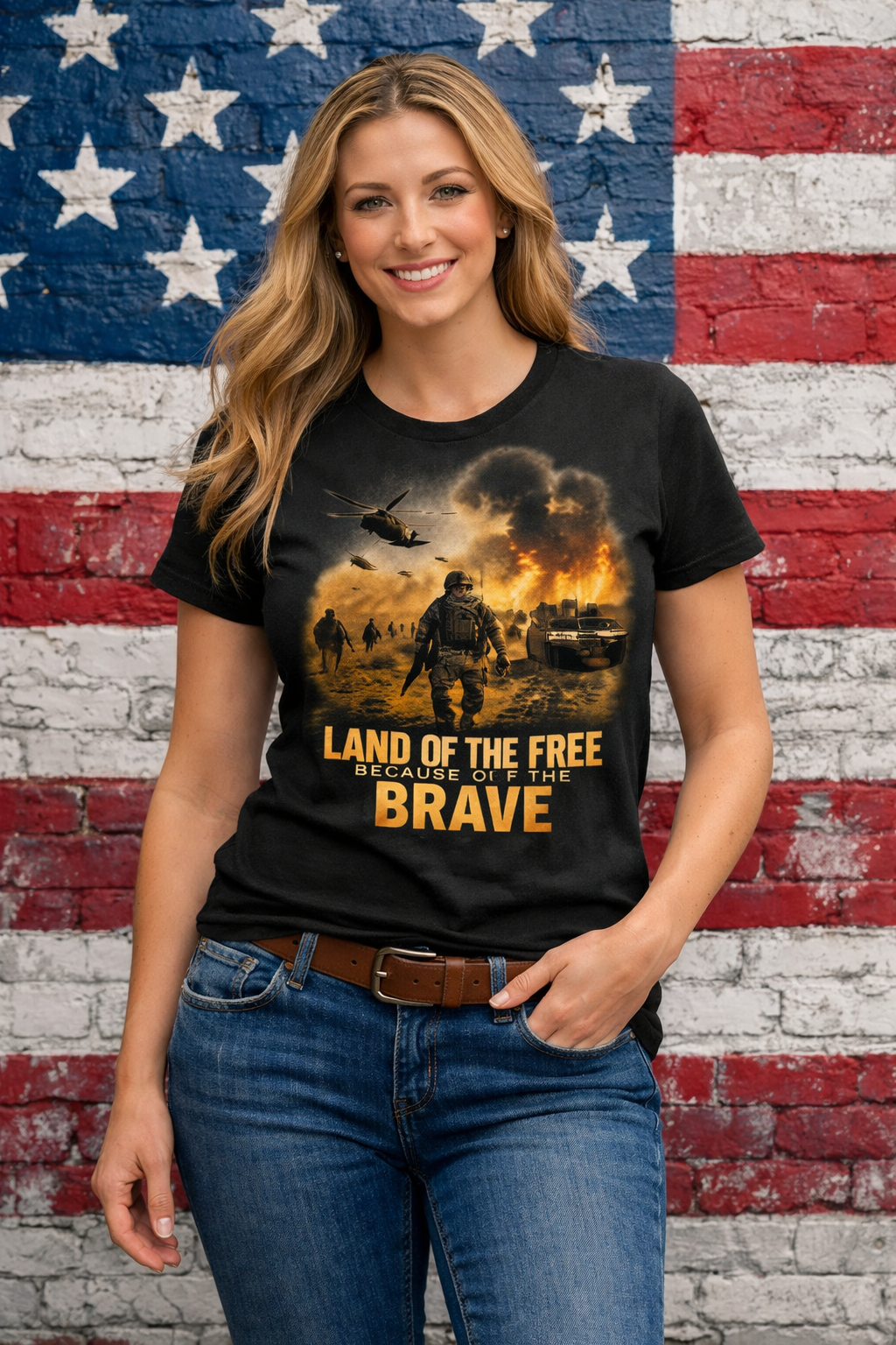 LAND OF THE FREE BECAUSE OF THE BRAVE— Combat Soldier Faith T-Shirt | Military Tribute Tee
