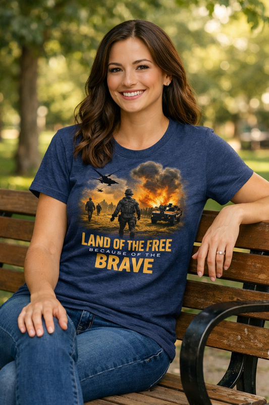 LAND OF THE FREE BECAUSE OF THE BRAVE— Combat Soldier Faith T-Shirt | Military Tribute Tee