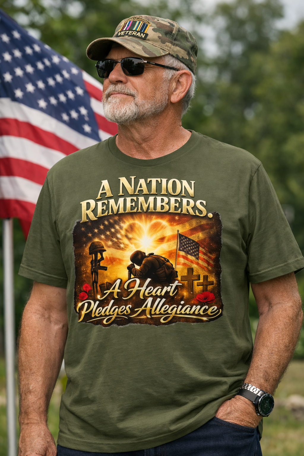 A Nation Remembers. A Heart Pledges Allegiance – Patriotic Memorial T-Shirt