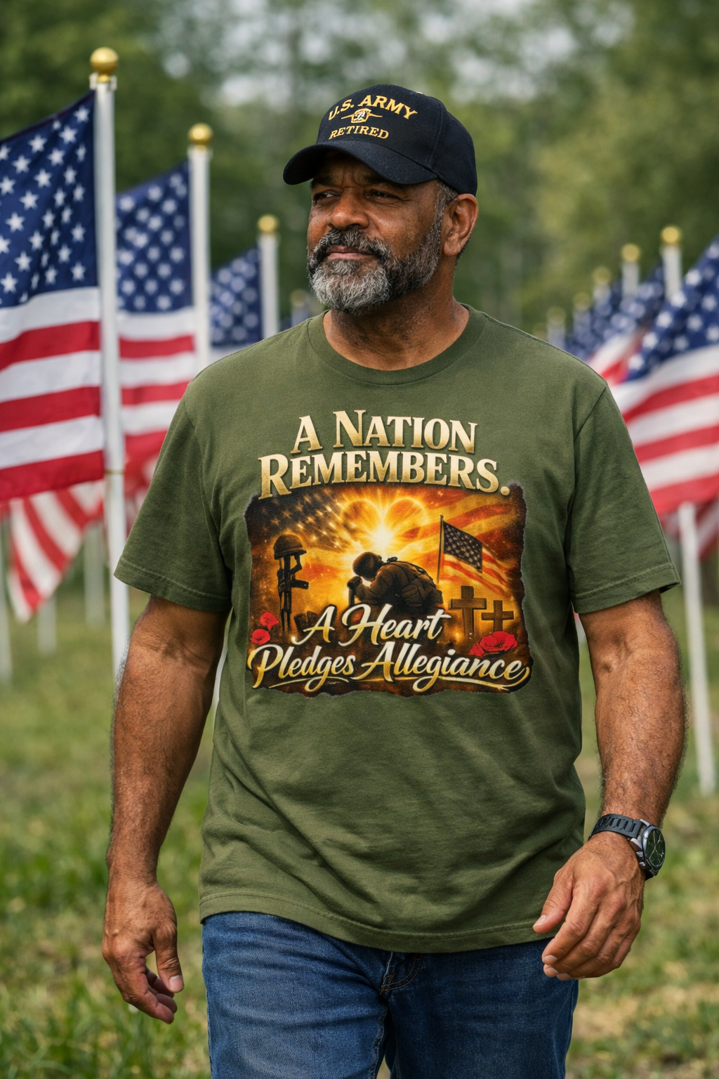 A Nation Remembers. A Heart Pledges Allegiance – Patriotic Memorial T-Shirt