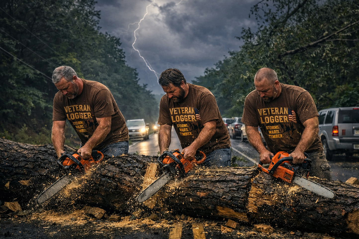 Veteran Logger T-Shirt – Storms. Wars. Timber. | American Flag Chainsaw Tee