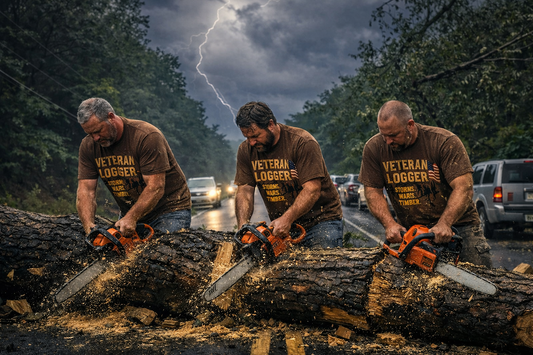 Veteran Logger T-Shirt – Storms. Wars. Timber. | American Flag Chainsaw Tee