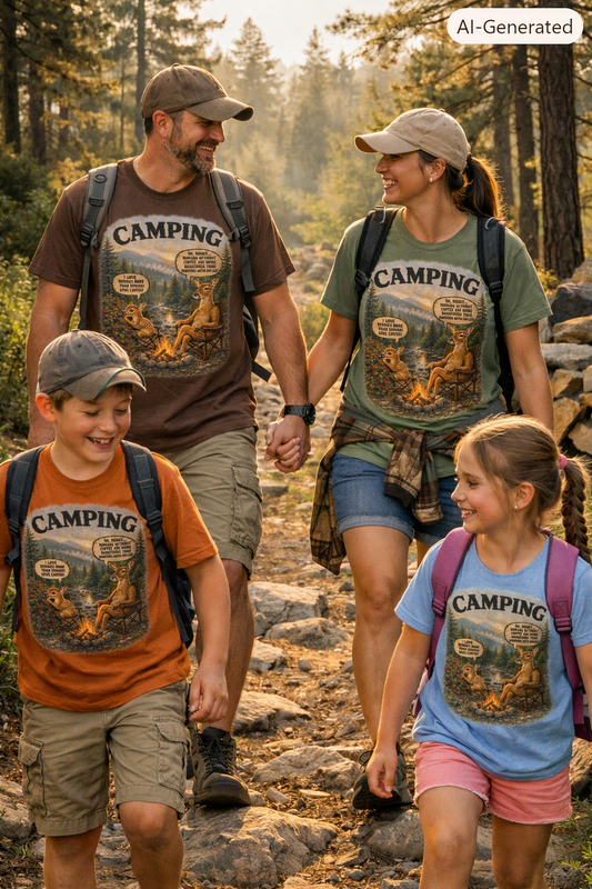 Camping Deer Meme T-Shirt | Funny Outdoor Humor Graphic Tee for Campers & Nature Lovers