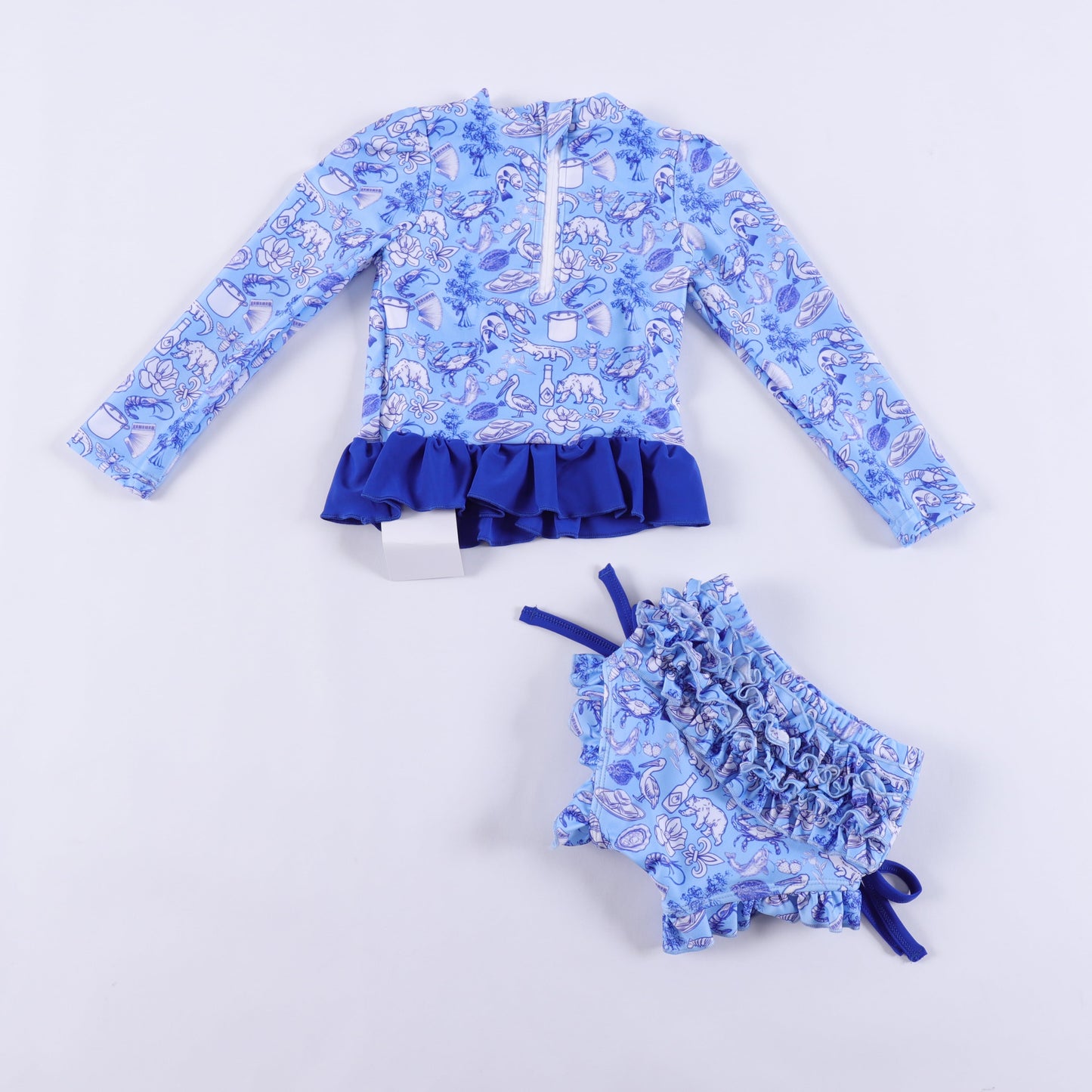 Cajun Toile Ruffle Bottom Swim Suit Set 🌺💙 | Women's Boho Beach Swimwear