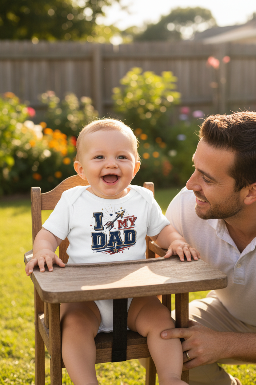Baby boy wearing I My Dad patriotic onesie tee with dad