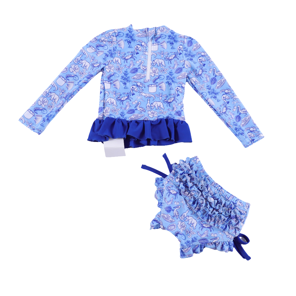 Cajun Toile Ruffle Bottom Swim Suit Set 🌺💙 | Women's Boho Beach Swimwear