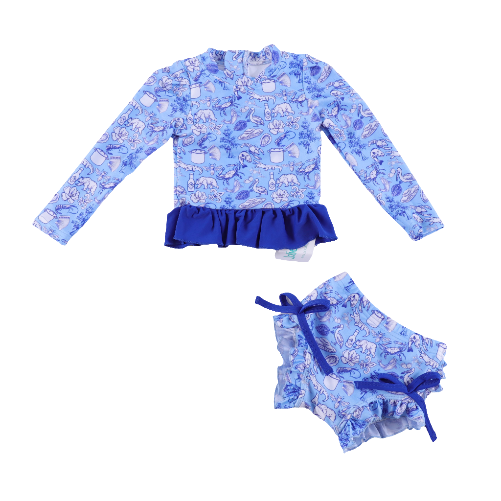 Cajun Toile Ruffle Bottom Swim Suit Set 🌺💙 | Women's Boho Beach Swimwear