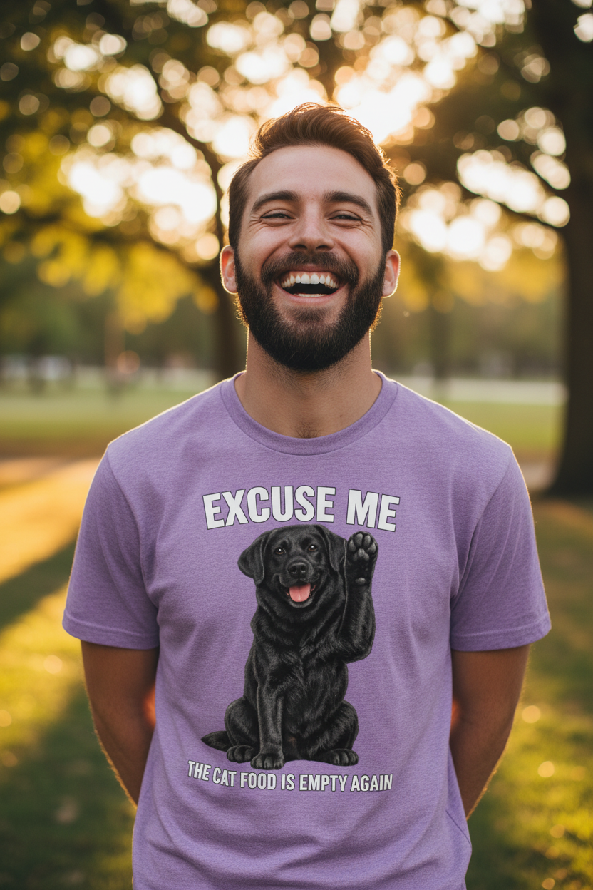 Bearded man outdoors, purple tee zoomed in