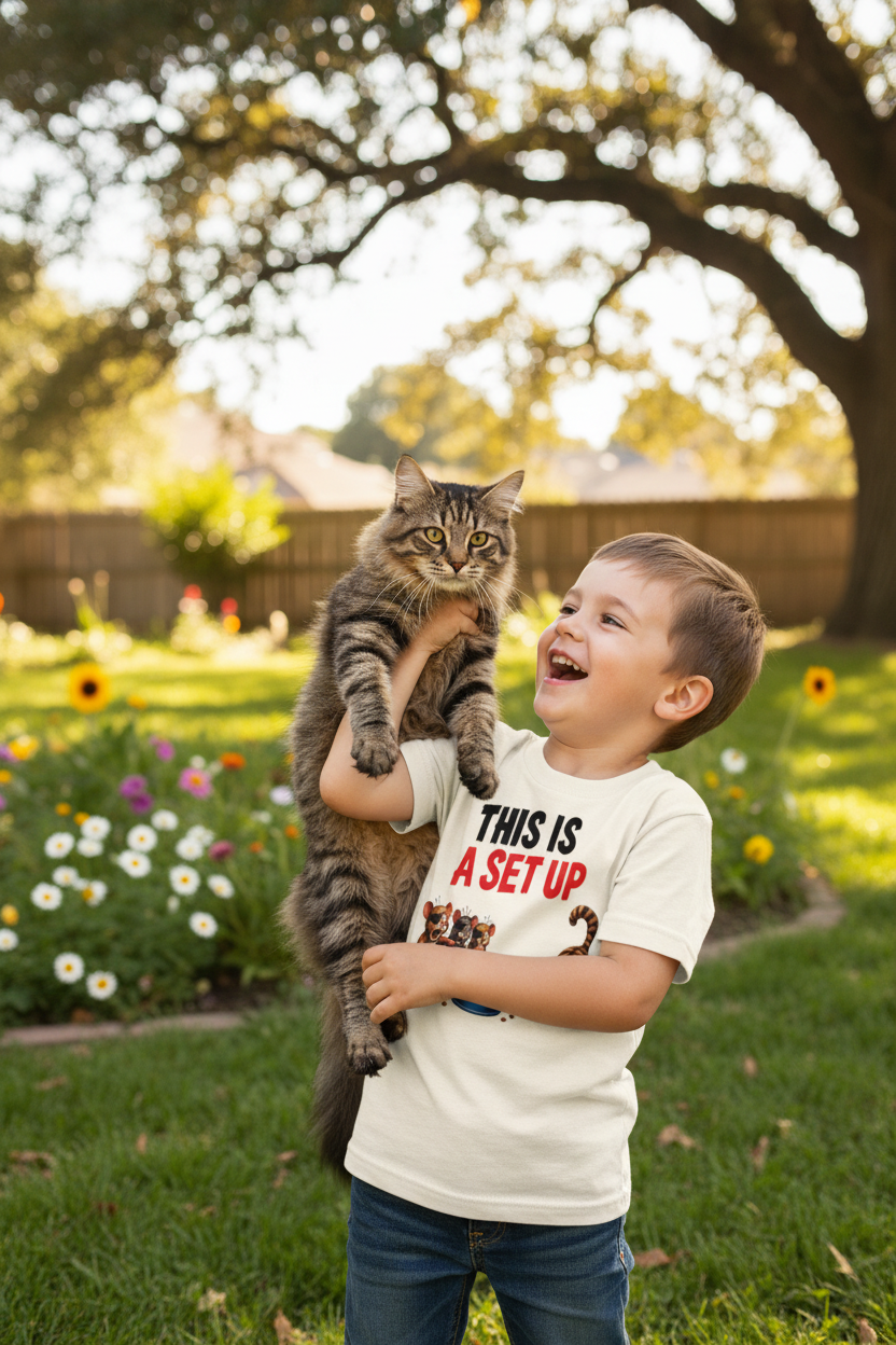 Boy and cat backyard lifestyle mockup