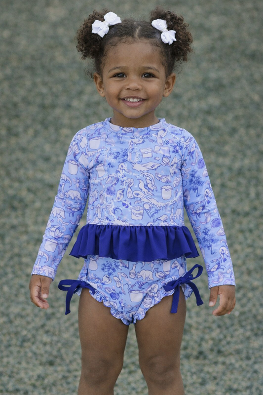 Cajun Toile Ruffle Bottom Swim Suit Set 🌺💙 | Women's Boho Beach Swimwear