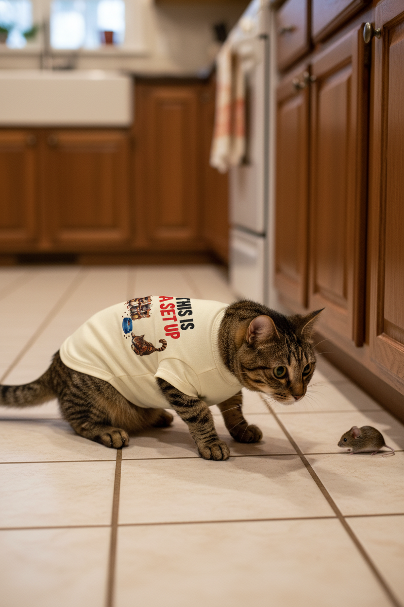Cat in kitchen wearing This Is A Set Up tee