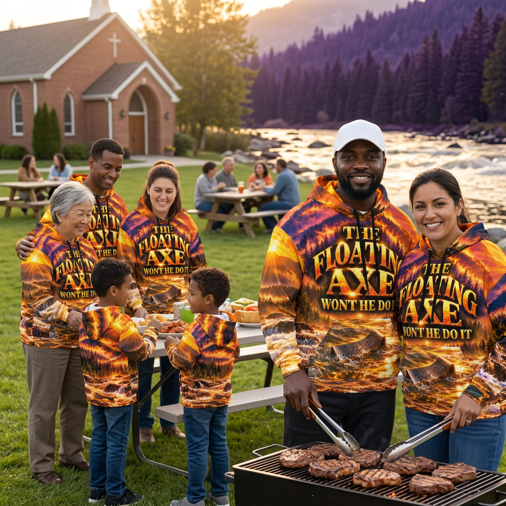Christian family gathering with men, women, and children wearing Floating Axe hoodies while adults grill steaks