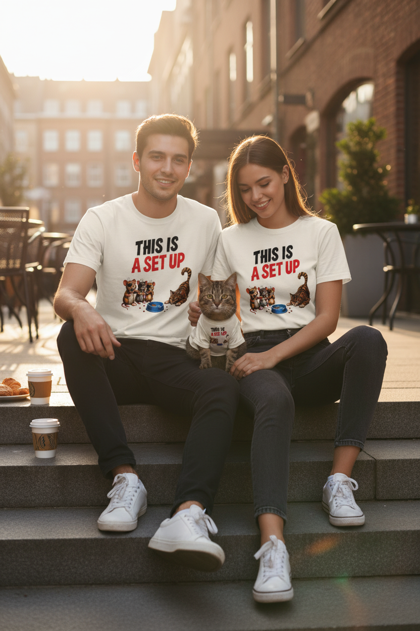 Couple and cat outdoor cafe lifestyle mockup