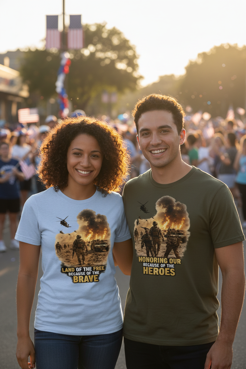 Couple in military tees at Veterans Day parade