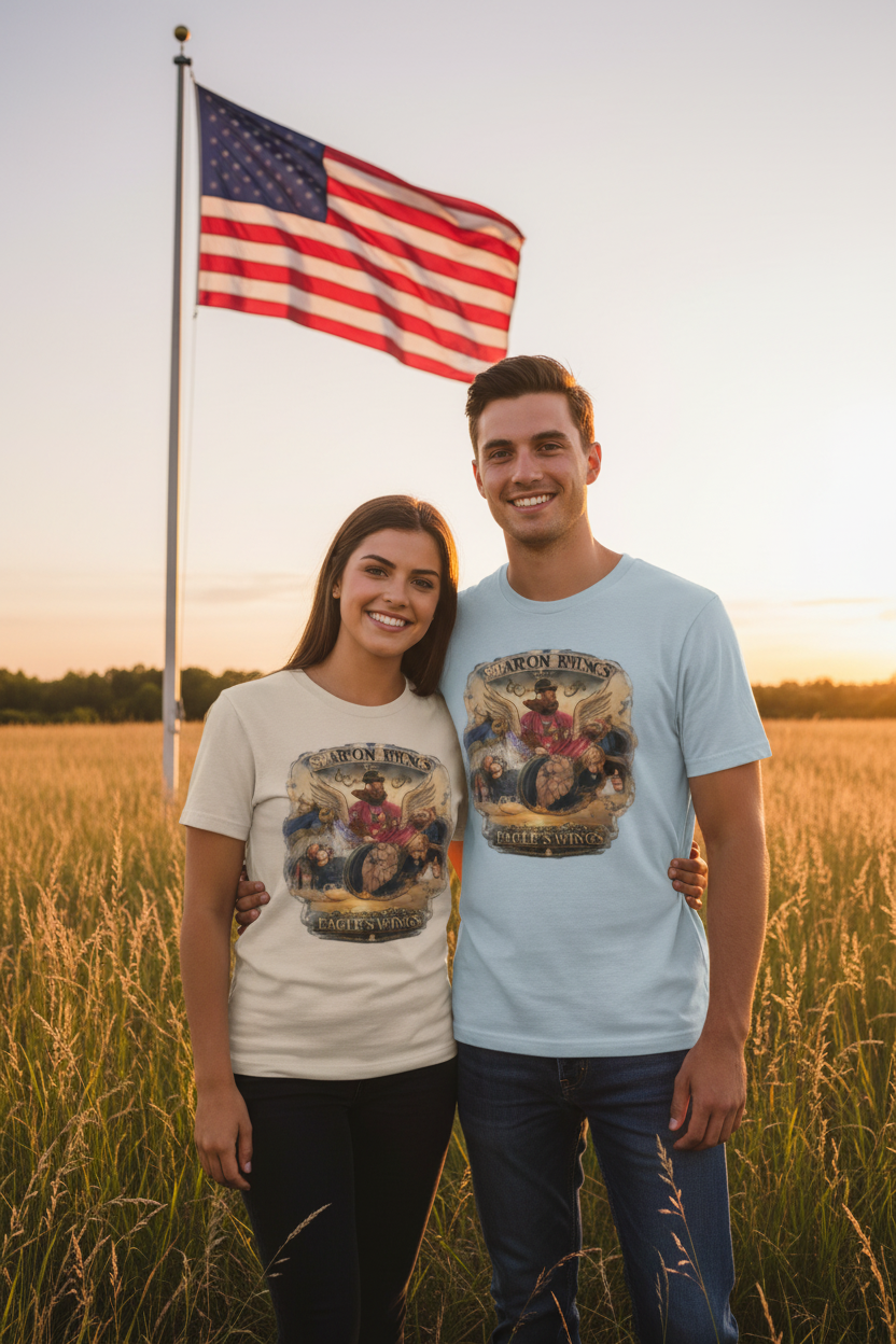 Couple wearing matching eagle scripture tees