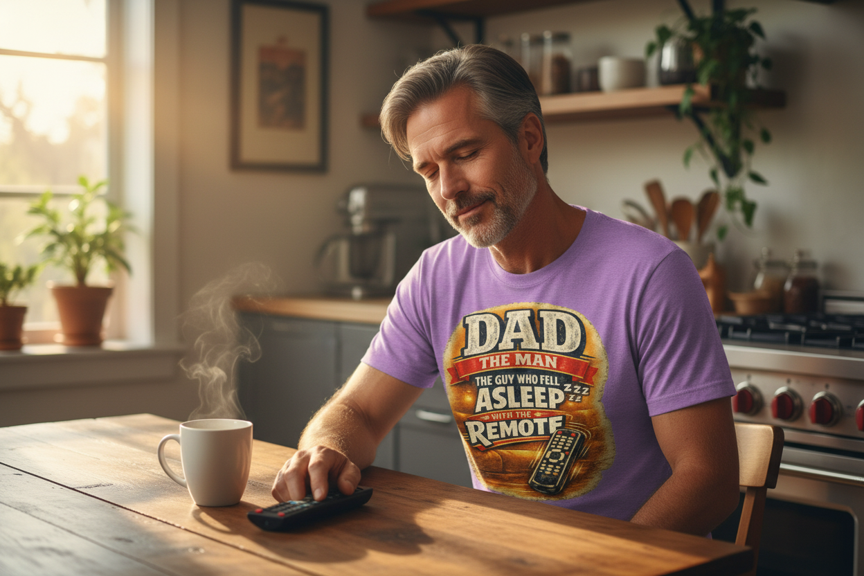 Dad Asleep at Kitchen Table - Purple Shirt Front
