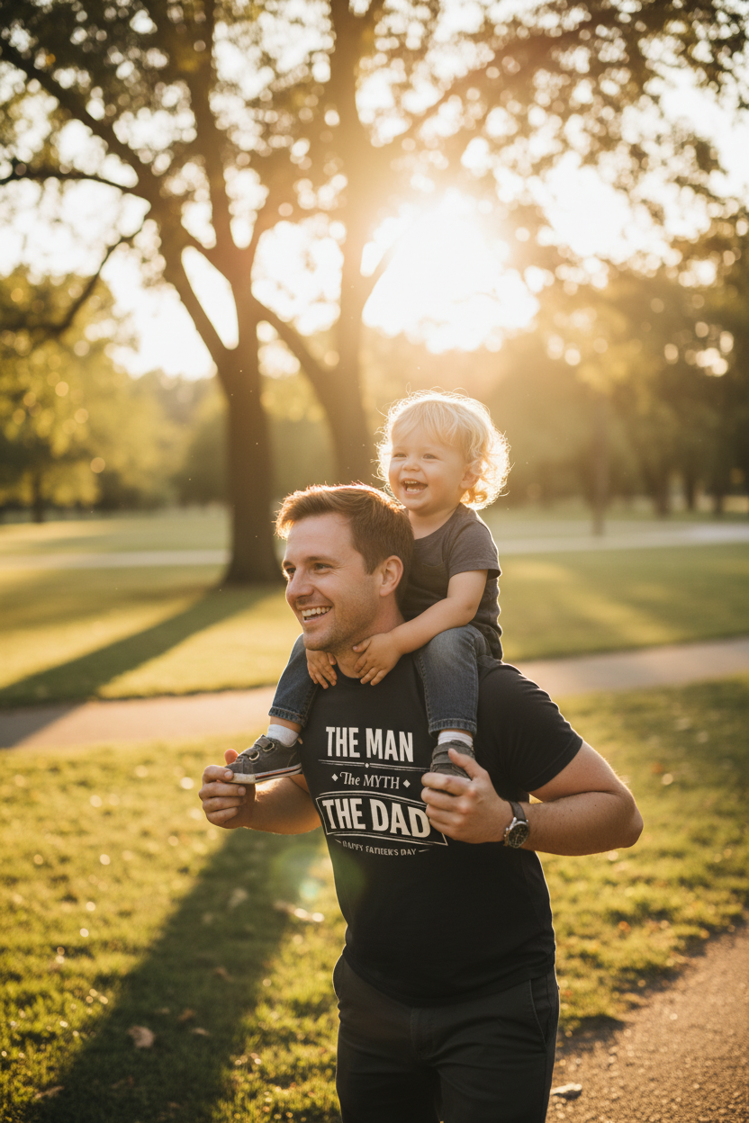 Dad giving piggyback ride at park - black tee