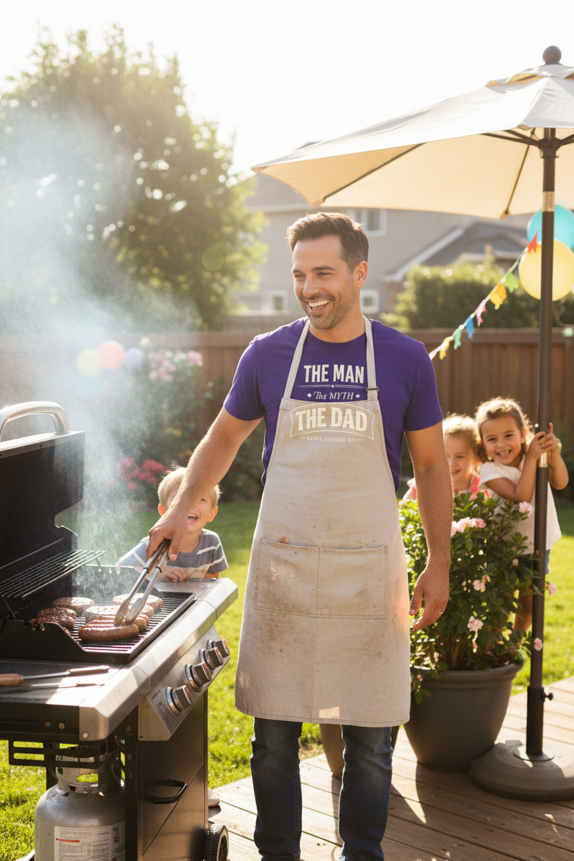 Dad grilling BBQ with kids peeking - purple tee
