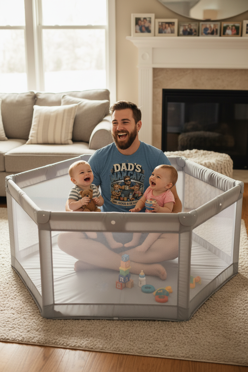 Dad in Playpen - Living Room