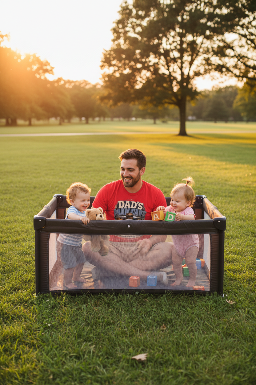 Dad in Playpen - Park Golden Hour