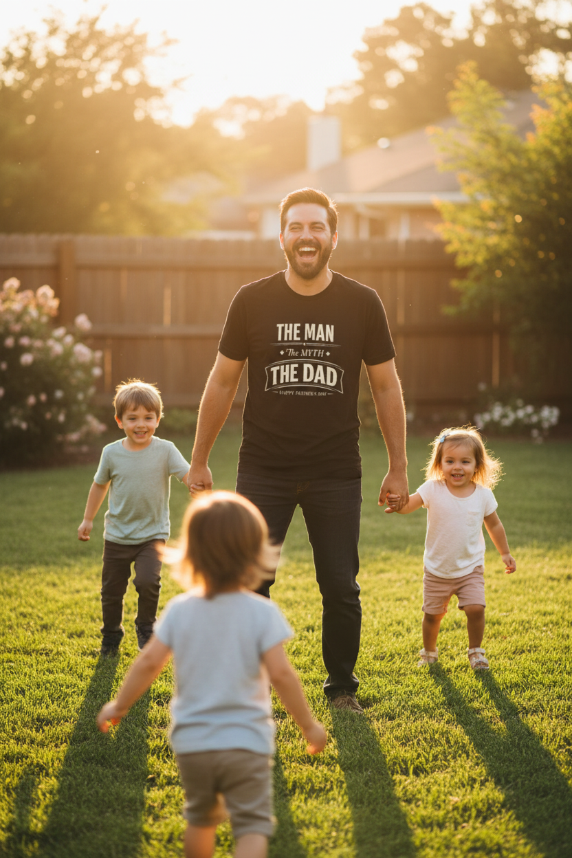 Dad laughing with kids in backyard - black tee