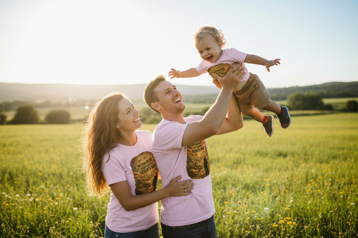 Dad lifting toddler in meadow in pink lavender tees