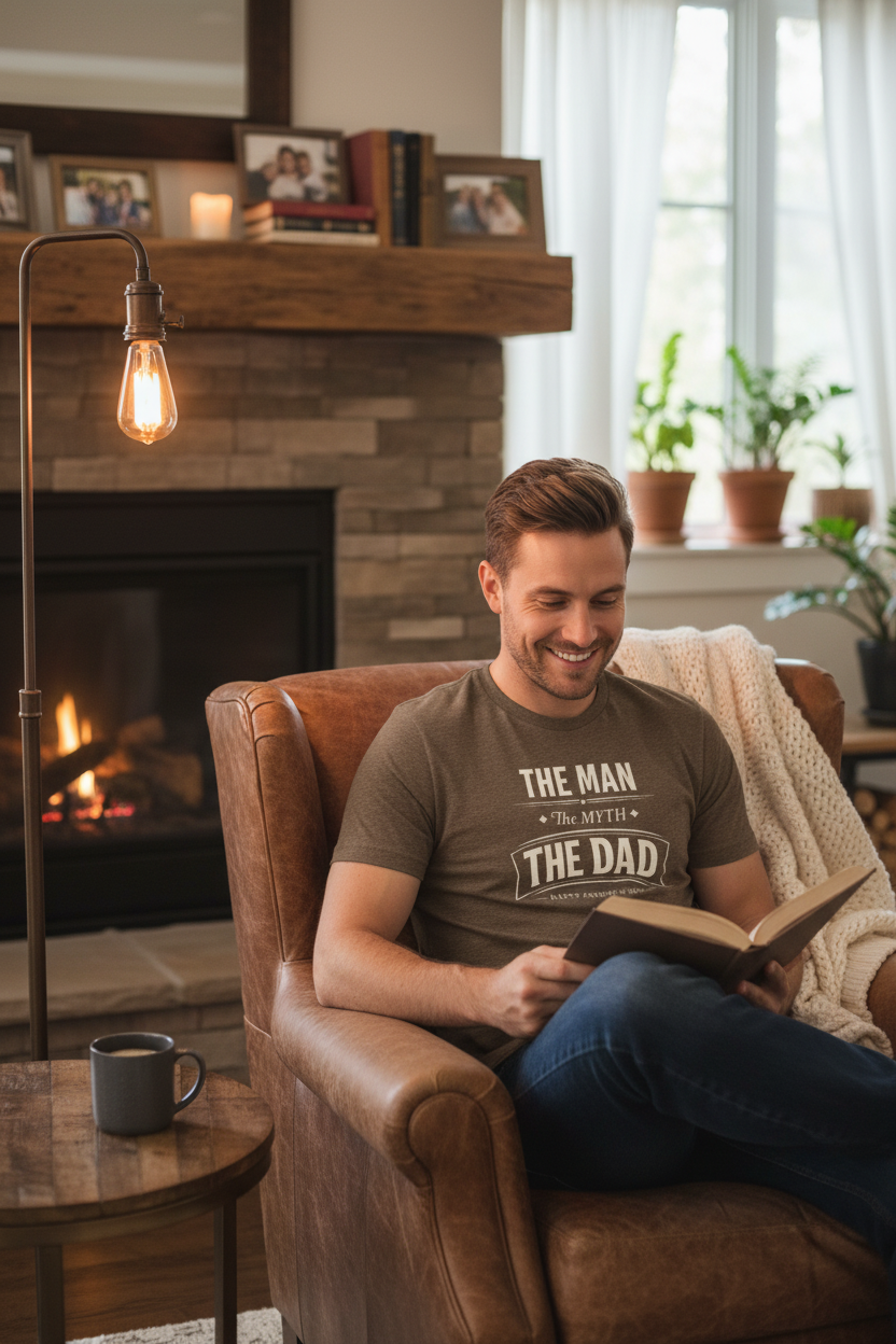 Dad relaxing in leather armchair - brown tee