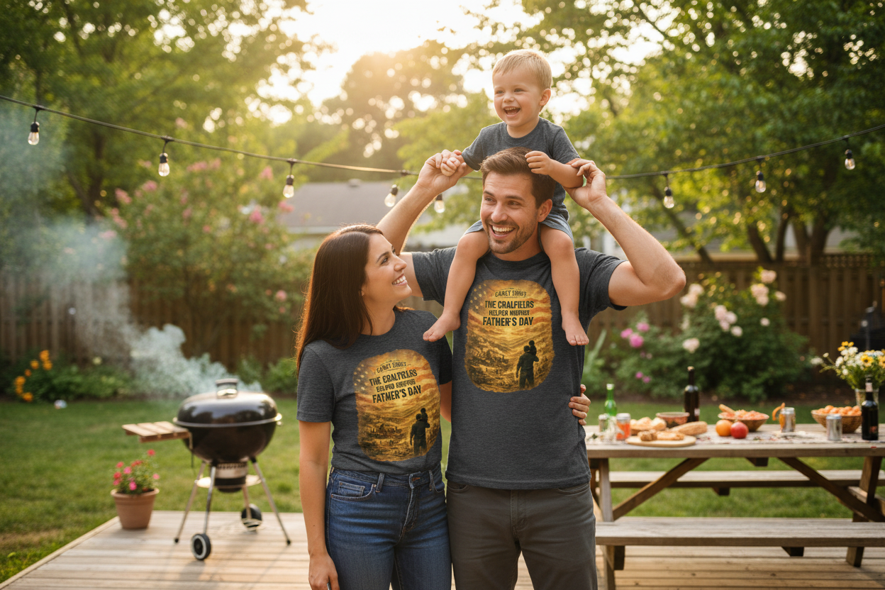 Dad with kid on shoulders at BBQ in dark grey tees