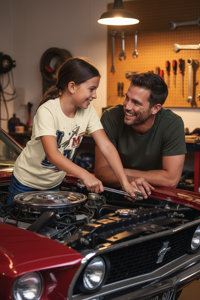 Daughter and dad working on car wearing I My Dad patriotic tee