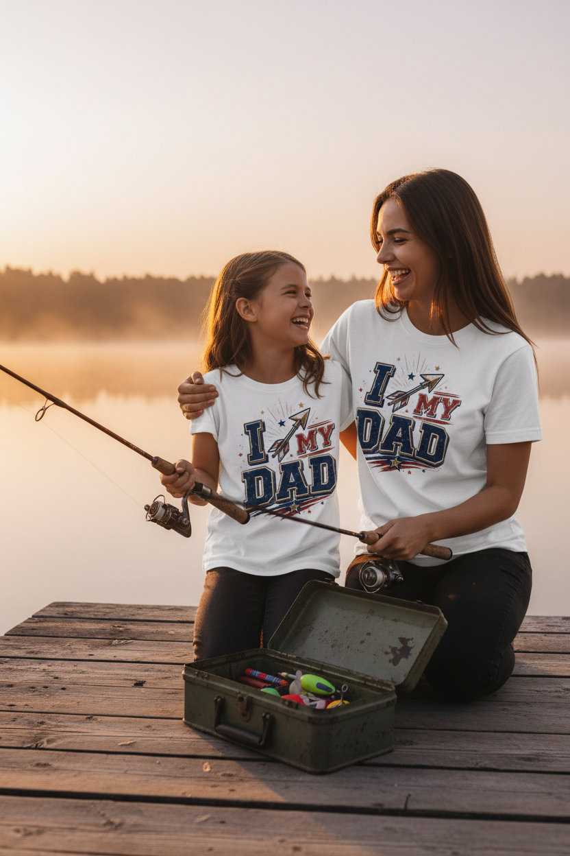 Daughter and mom fishing wearing I My Dad patriotic tee