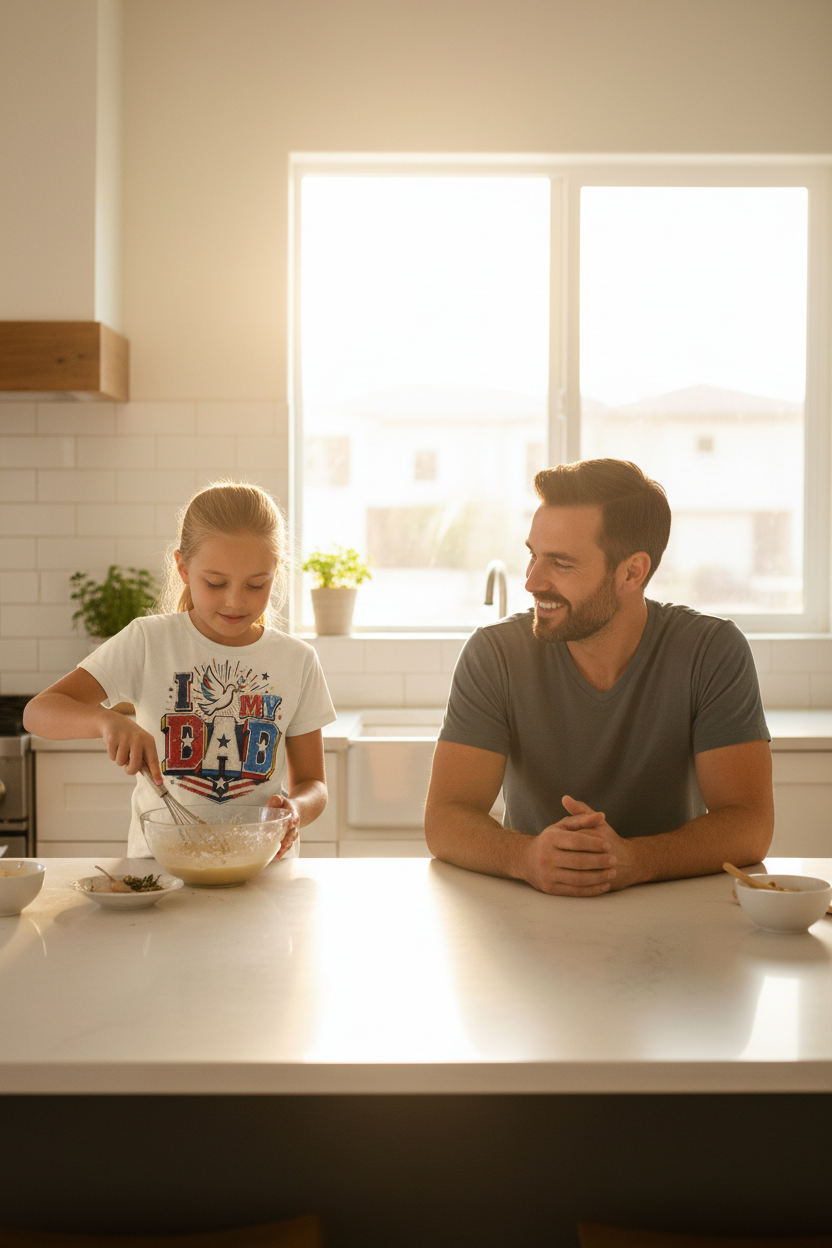 Daughter cooking for dad in kitchen