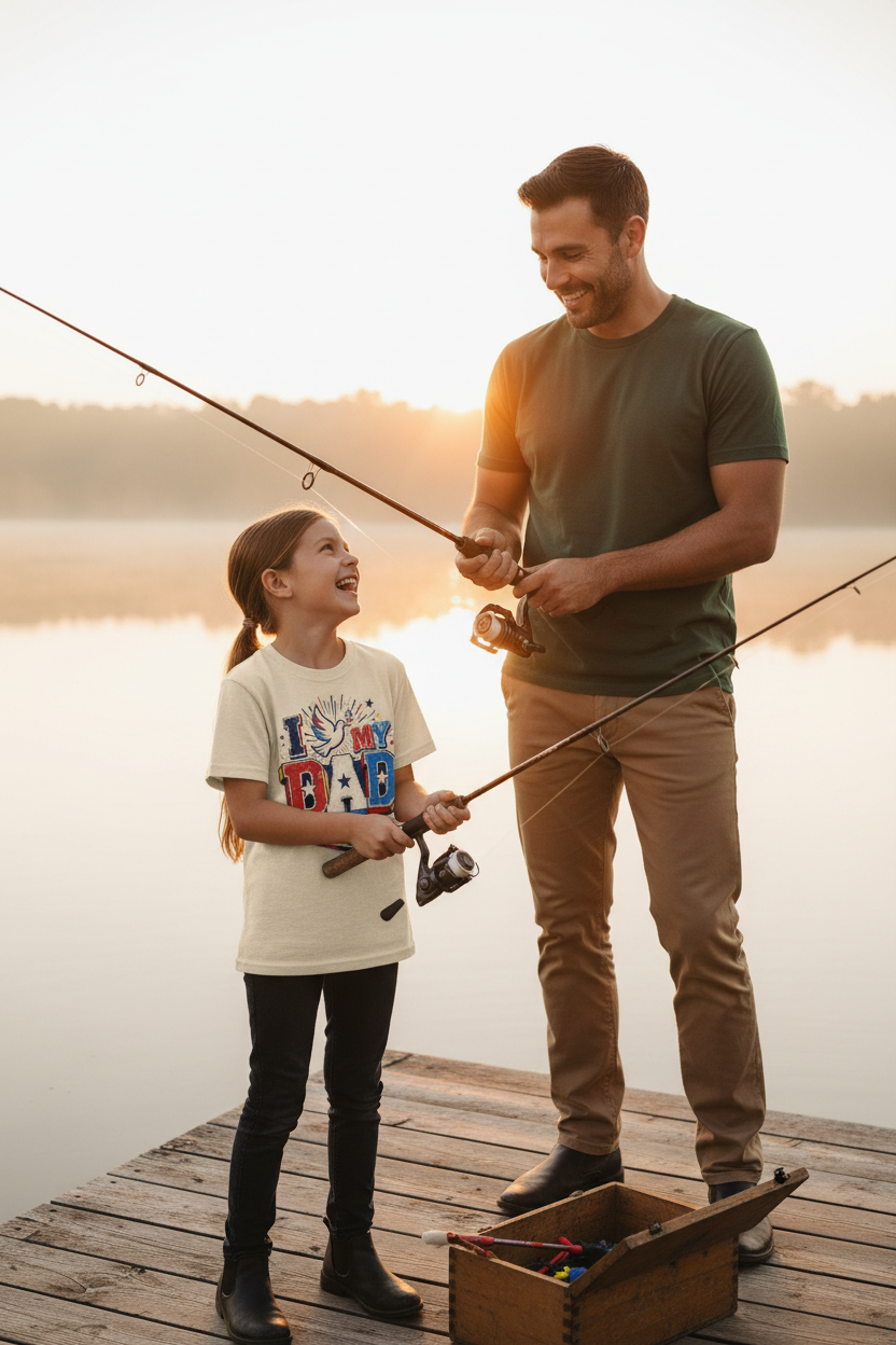 Daughter fishing with dad