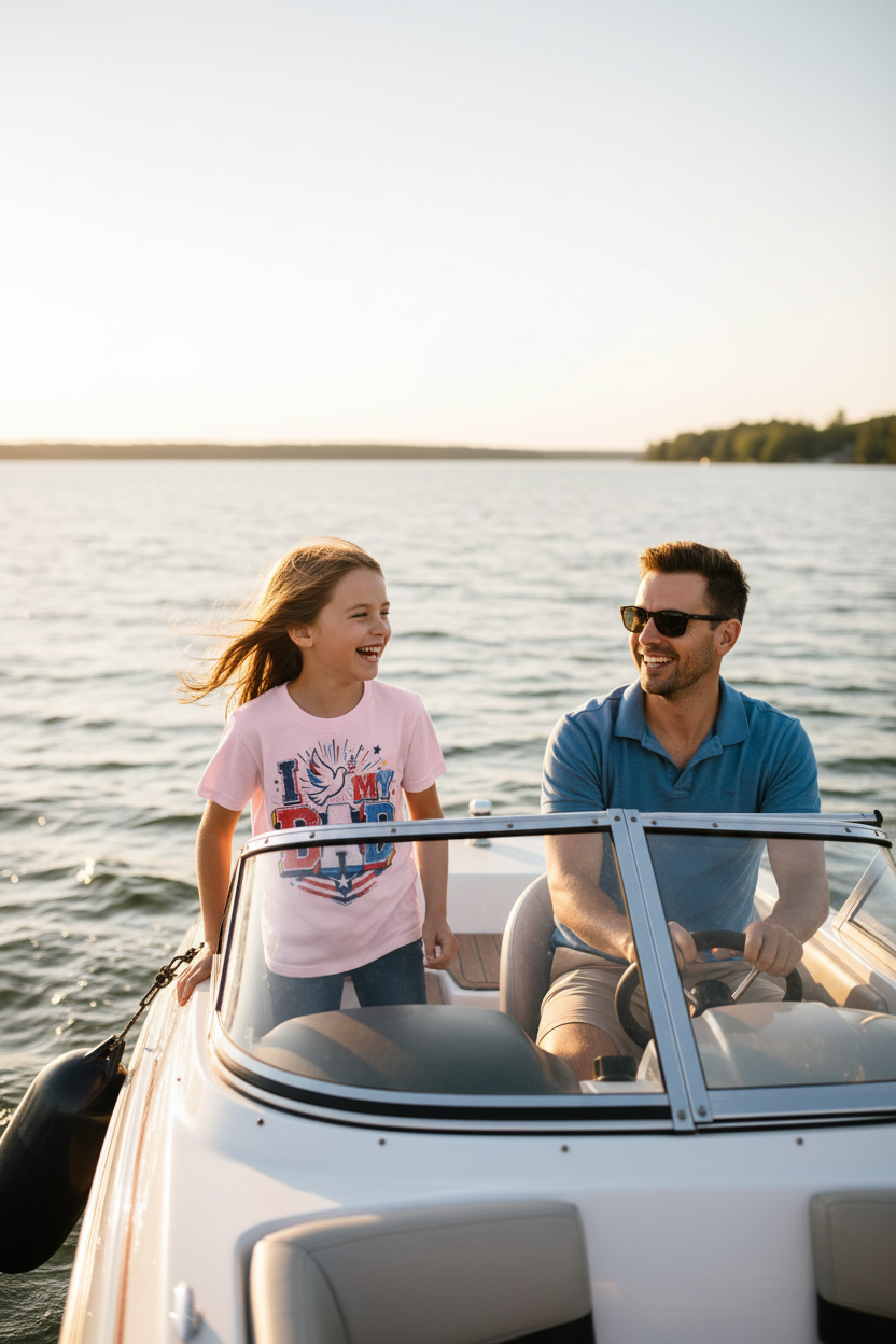 Daughter on boat ride with dad wearing pink I Love My Dad shirt