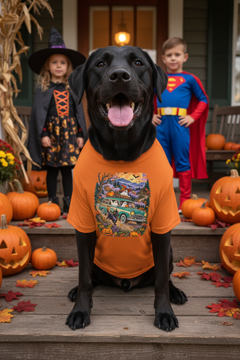 Dog Facing Camera with Clear Halloween Shirt Graphic