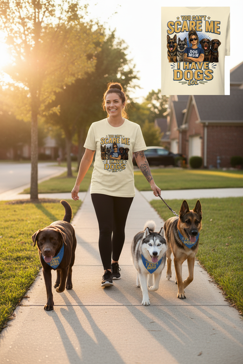Dog mom wearing You Can't Scare Me I Have Dogs LOL t-shirt while walking three dogs on a sunny sidewalk