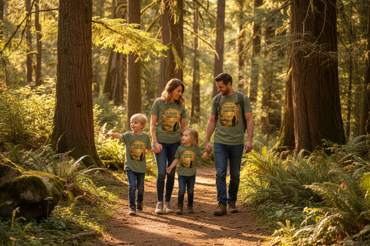 Family hiking in olive green Coalfields tees