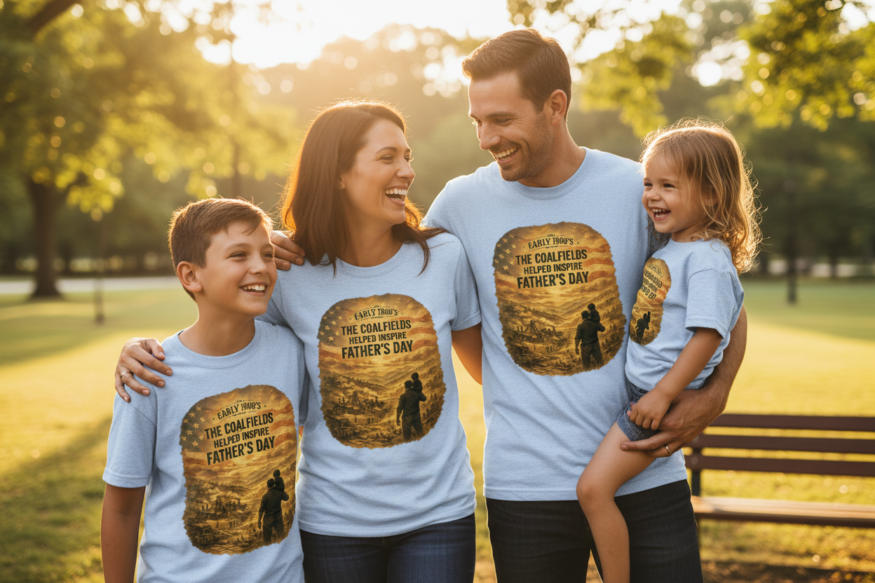 Family in park wearing light blue Coalfields tees