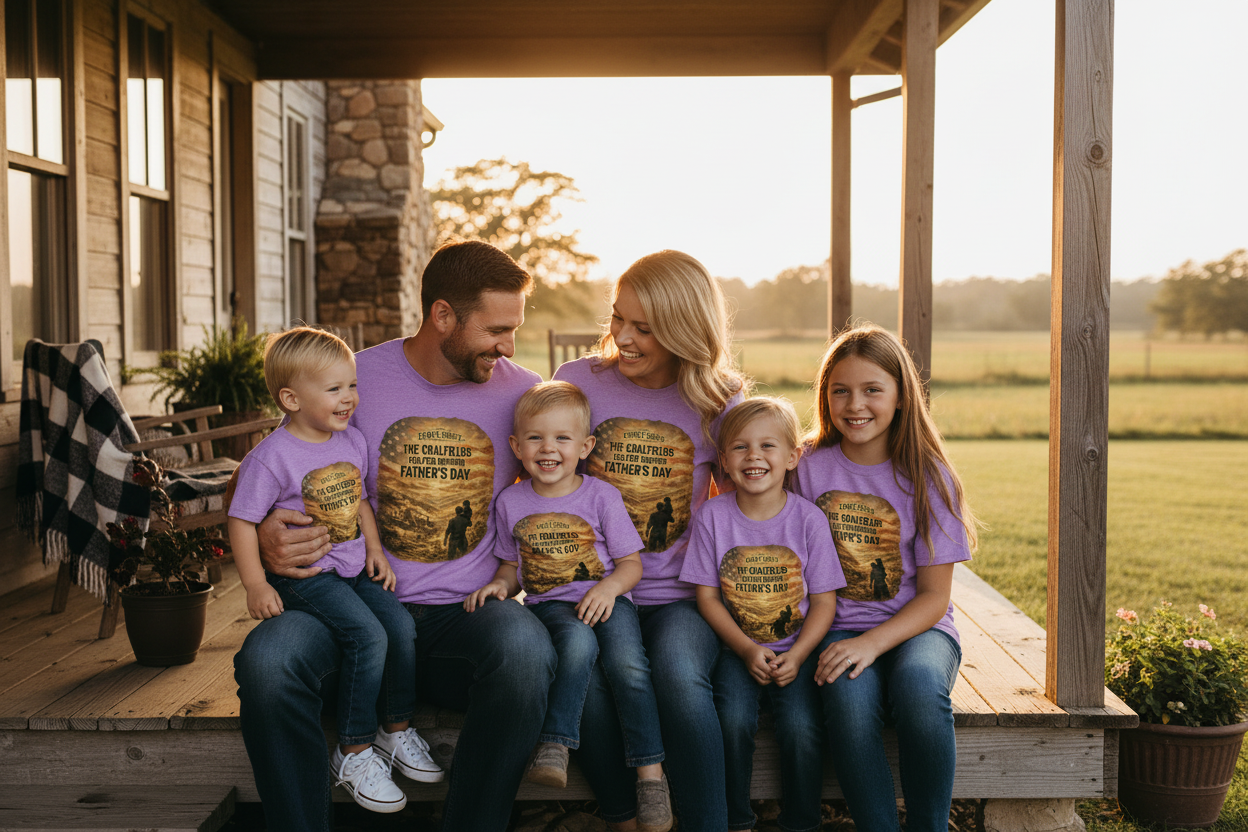 Family on rustic porch in lavender purple tees