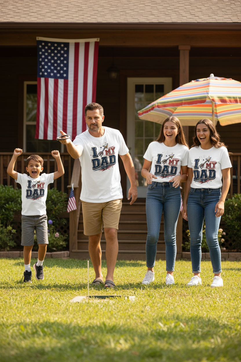 Family playing horseshoes wearing matching I Love My Dad patriotic tees