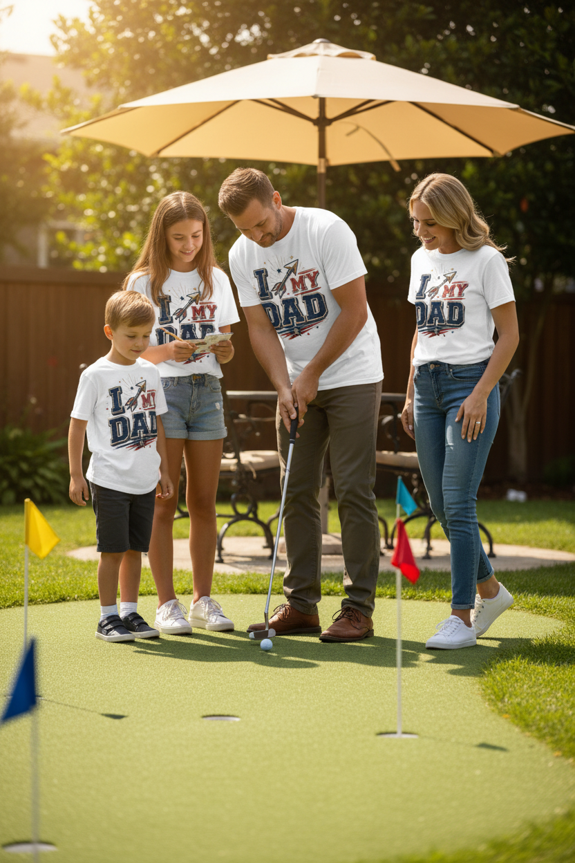 Family playing mini golf wearing matching I Love My Dad patriotic tees