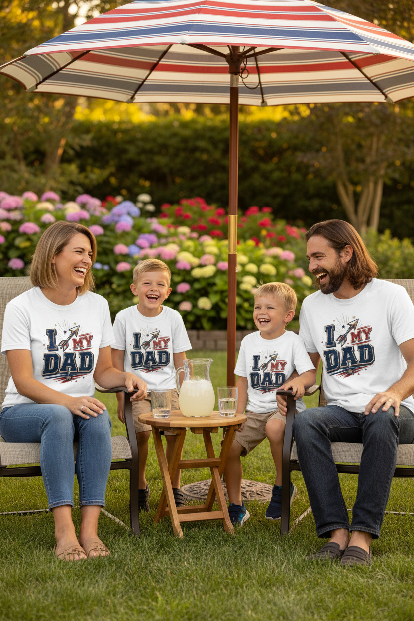 Family sitting under umbrella wearing matching I Love My Dad patriotic tees