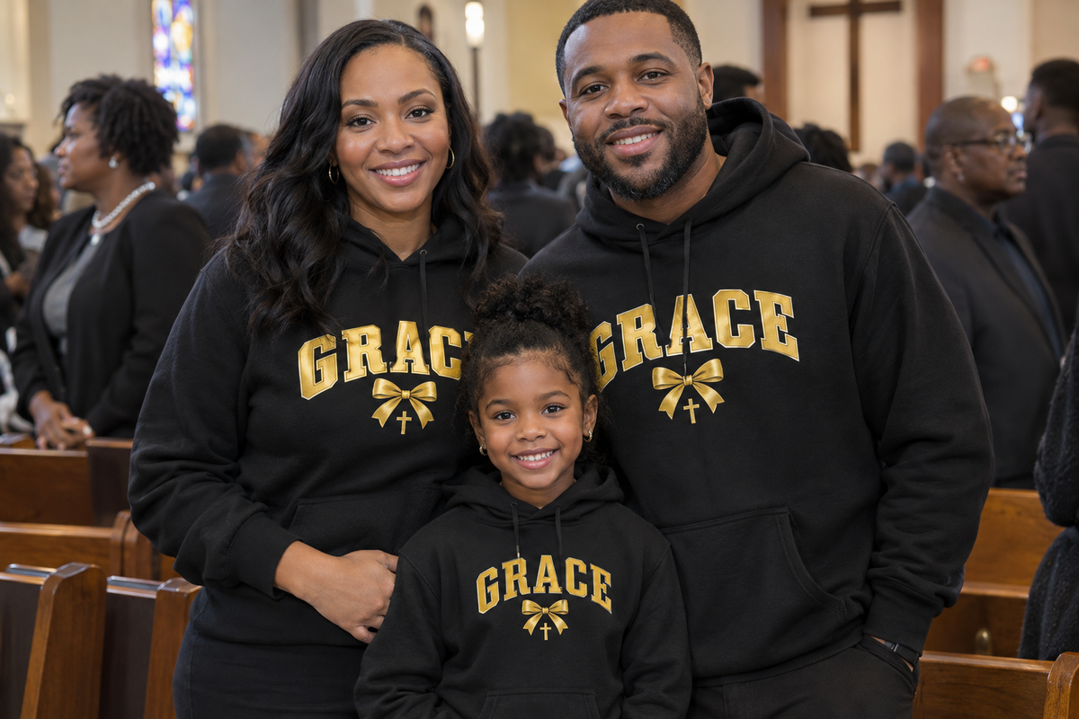 Family wearing GRACE hoodies at church