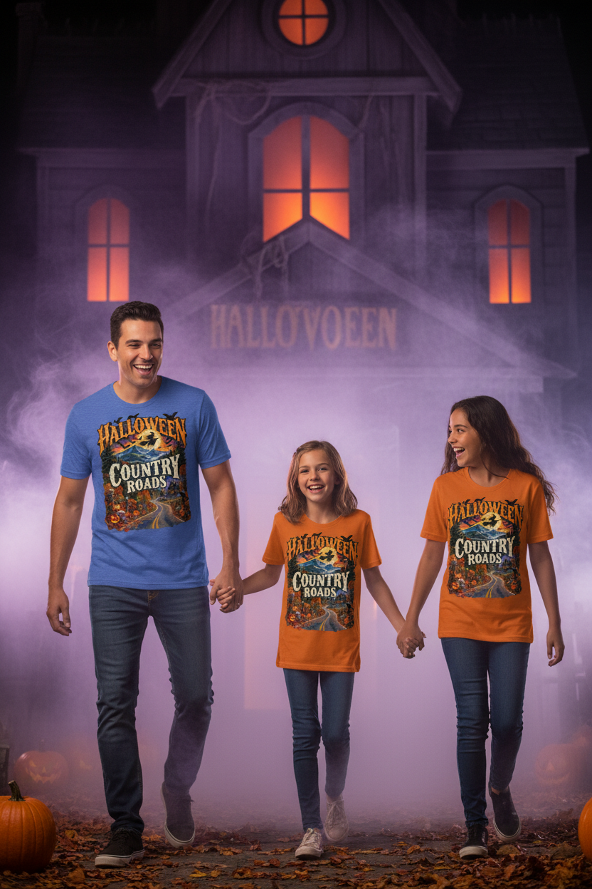 Family wearing Halloween Country Roads shirts outside a haunted house
