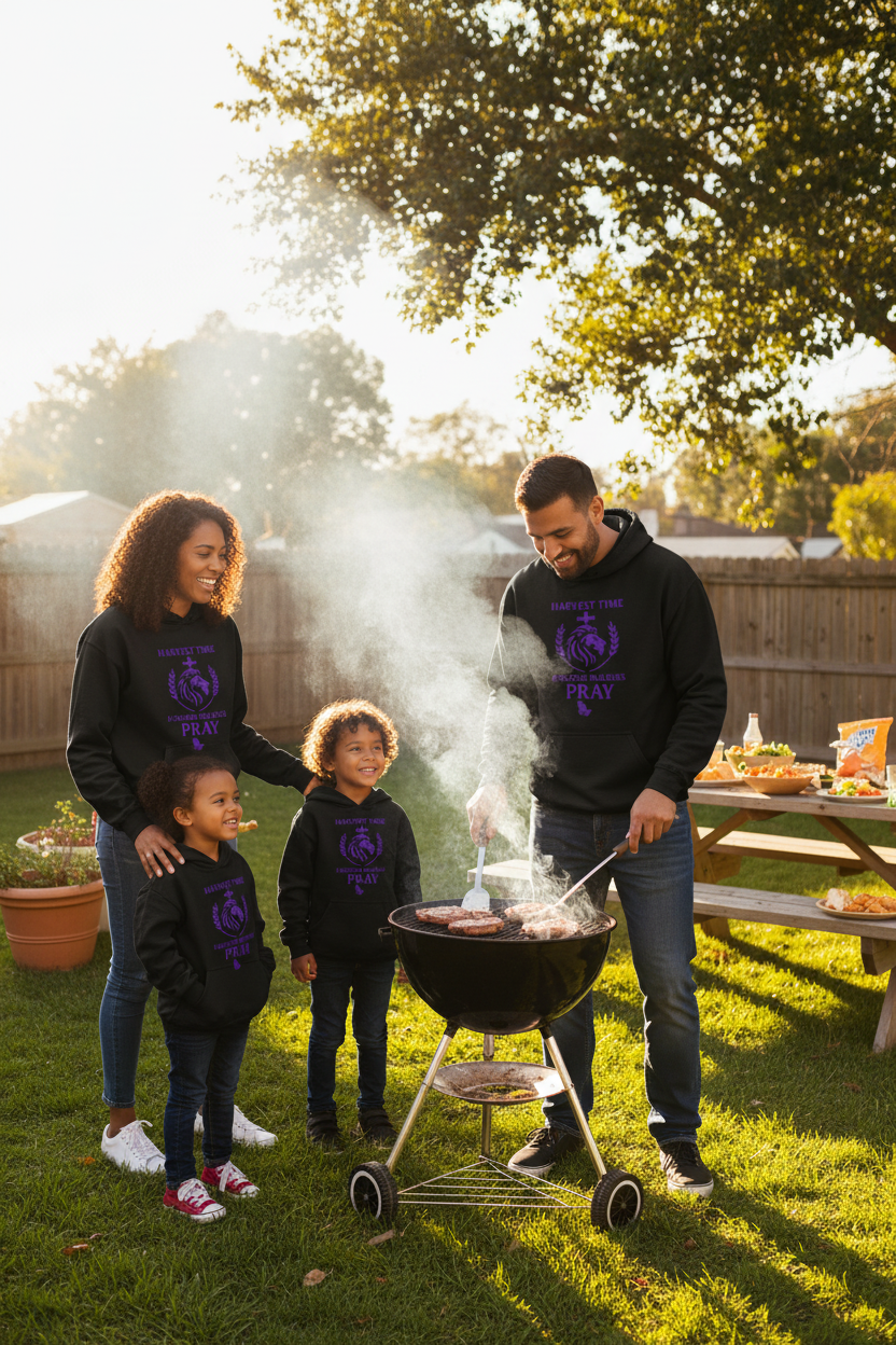 Family wearing Harvest Time Kingdom Builders PRAY hoodie at a backyard cookout