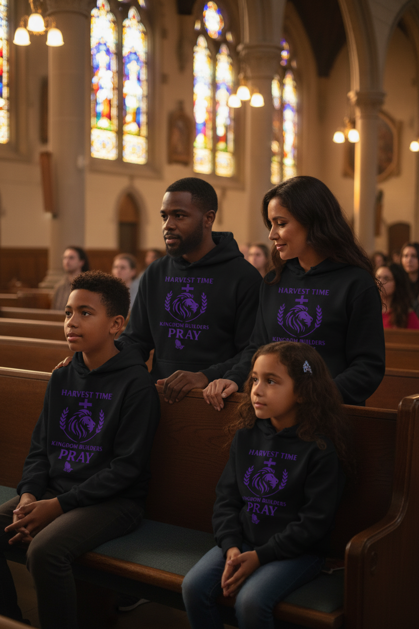 Family wearing Harvest Time Kingdom Builders PRAY hoodie at church