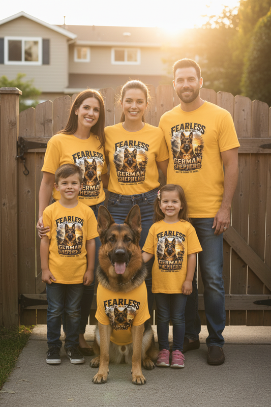 German Shepherd at Gate wearing FEARLESS tee