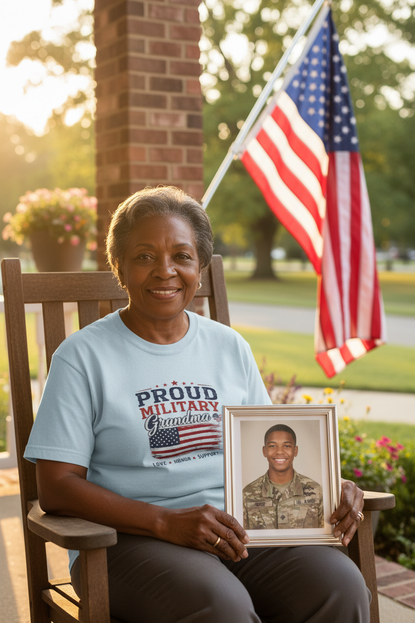 Grandma on porch with military photo