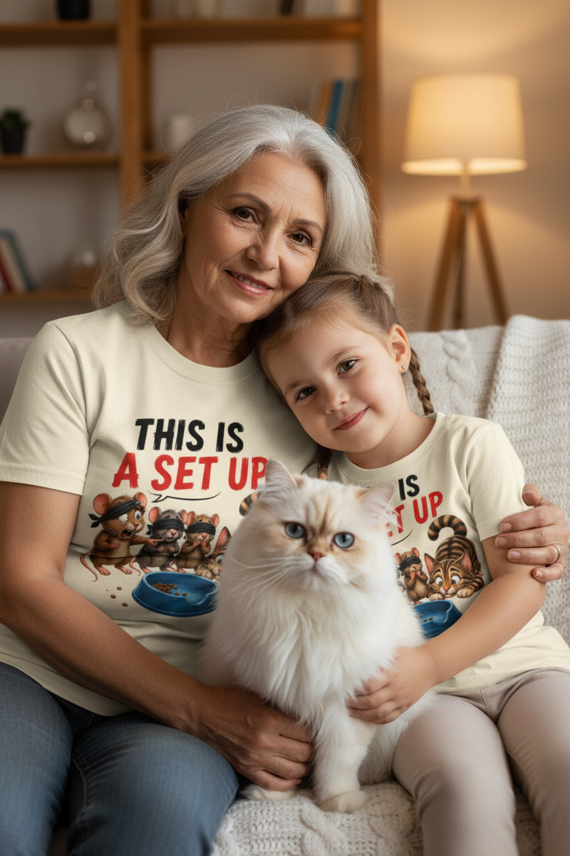 Grandmother and granddaughter with Persian cat