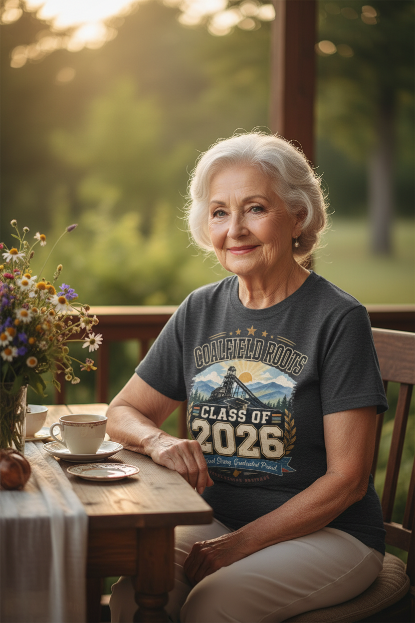 Grandmother in dark grey Coalfield Roots tee at table