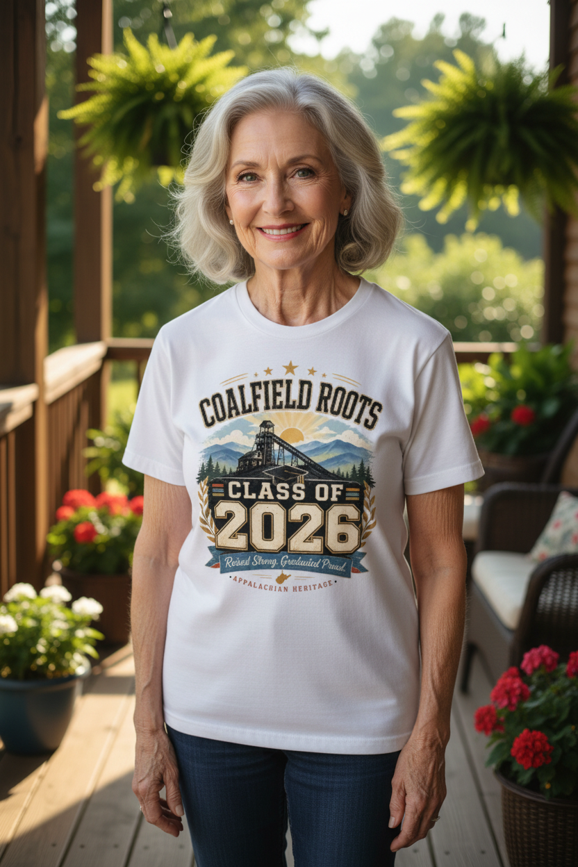 Grandmother in white Coalfield Roots tee on porch